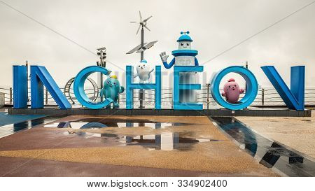 Incheon Korea , 7 October 2019 : Incheon City Blue Sign On The Shore Of Wolmido Island In Incheon So