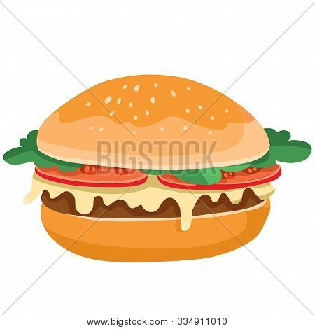 Juicy Hamburger With Tomatoes, Cutlet, Cheese And Herbs On A White Background,