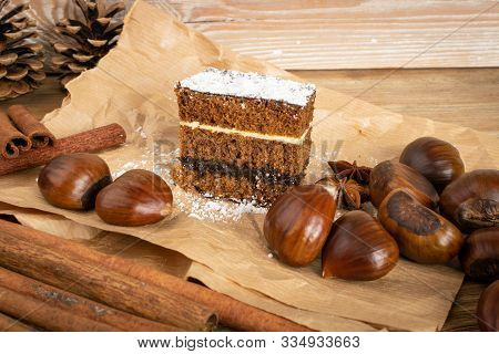 Sponge Chestnut Cake With Spices, Piernik, Brown Biscuit