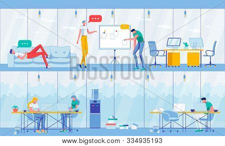 People Brainstorming Ideas Near Whiteboard Flat Cartoon Vector Illustration. Two Floor Coworking Off