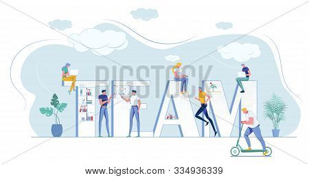 Business Poster With Team Word Consist Of Capital Letters. Cartoon Tiny Office Coworkers Characters 