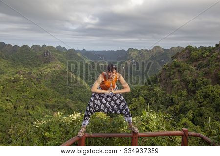 Cat Ba Island, Vietnam, Beautiful Landscape Of Mountains, A Girl Stands On Top Of A Mountain,