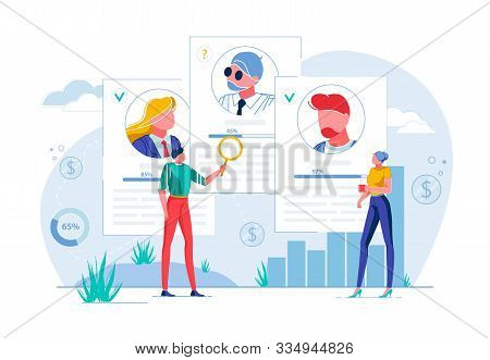 Human Resources Manager Searching For Candidate, Applying For Job Flat Cartoon Vector Illustration. 