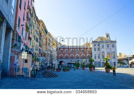 Genoa, Italy - September 11, 2019: The People Near Palazzo San Giorgio - Palazzo Delle Compere Or St