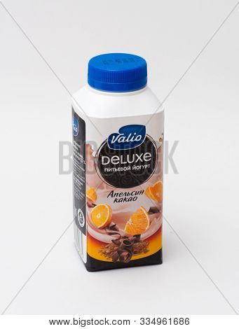 MOSCOW, RUSSIA - NOVEMBER 20, 2019: Drinking yogurt Valio