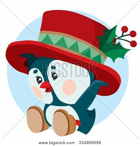 Little Penguin Puts On His Head A Big Hat For The Winter Holiday New Year And Christmas,