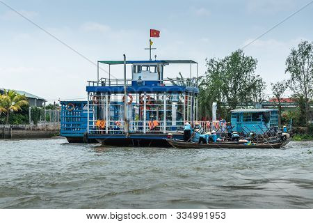 Tan Phong, Mekong Delta, Vietnam - March 13, 2019: Blue Pha Tan Phong To Cai Be Ferry Docked At Tan 