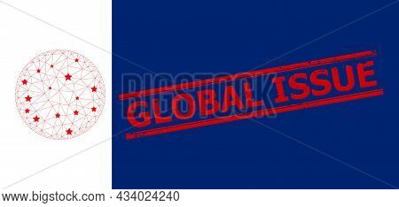 Mesh Circle Polygonal Icon Vector Illustration, And Red Global Issue Dirty Stamp Seal. Model Is Crea