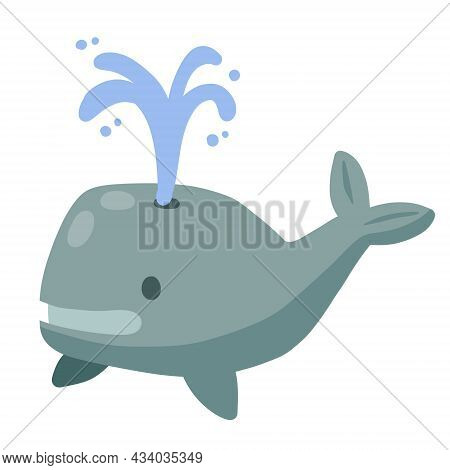 Cute Funny Whale With Water Fountain. Marine Animal. Funny Blue Sperm Whale. Children Drawing In Sca