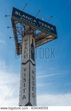 Montuiri, Spain; September 18 2021: Monopost With Billboard Of The Winery Blanca Terra In The Majorc