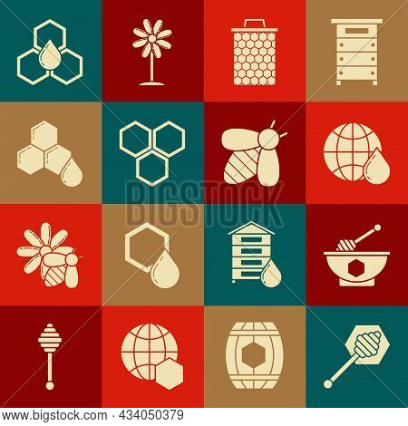 Set Honey Dipper Stick, And Bowl, Honeycomb Map Of The World, And Bee Icon. Vector