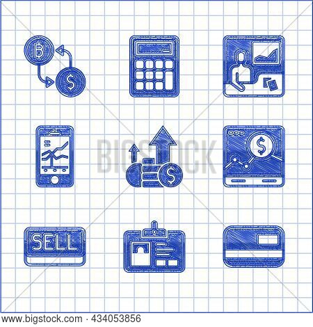 Set Financial Growth And Coin, Identification Badge, Credit Card, Website With Graph, Sell Button, M