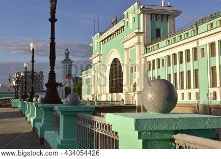 The Facade Of The Largest Railway Station In Siberia In The Style Of Constructivism In The Morning C
