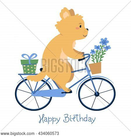 Happy Birthay Card With A Dog On A Bike Carrying A Present And Flowers.