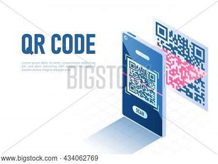 3d Isometric Web Banner Smartphone With A Scaner Scanning Qr Code. Qr Code Verification Technology C
