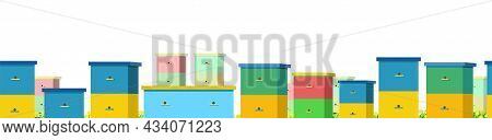 Apiary With Bees And Hives. Horizontal Bottom Border. Seamless Illustration. Isolated On White Backg