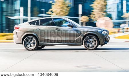 Bmw X6 M Competition Third Generation G06 Fast Speed Driving On The Asphalt Road. Moscow, Russia - A