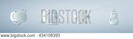 Set Bar Of Soap, Washing Dishes, Bacteria And Dishwashing Liquid Bottle. Paper Art Style. Vector