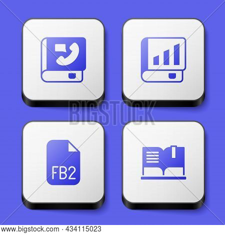 Set Phone Book, Financial, Fb2 File And Open Icon. White Square Button. Vector