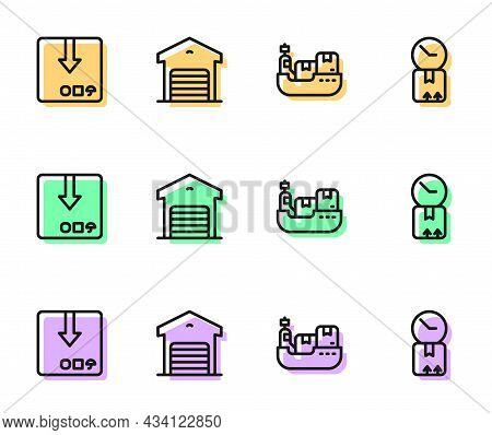 Set Line Cargo Ship With Boxes Delivery, Carton Cardboard, Warehouse And Cardboard Clock Icon. Vecto