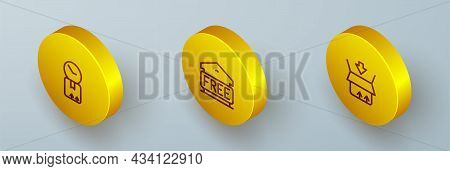 Set Isometric Line Cardboard Box With Clock, Free Storage And Carton Cardboard Icon. Vector