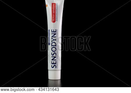 Sensodyne Toothpaste Tube On Black Background. Bucharest, Romania, 2021