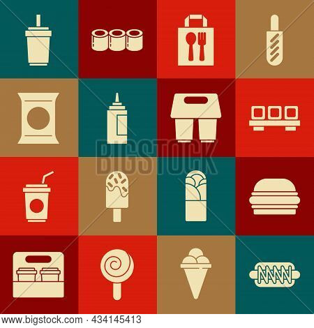 Set Hotdog Sandwich, Burger, Sushi On Cutting Board, Online Ordering Delivery, Sauce Bottle, Bag Pac