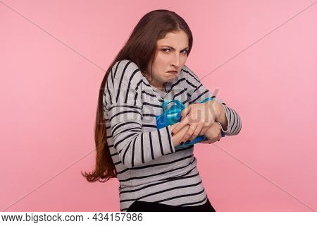 My Precious. Portrait Of Funny Selfish Avaricious Woman Embracing Gift Box And Looking With Greedy J
