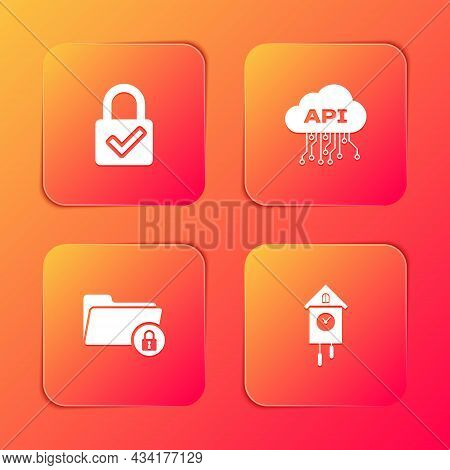 Set Lock And Check Mark, Cloud Api Interface, Folder Lock And Retro Wall Watch Icon. Vector