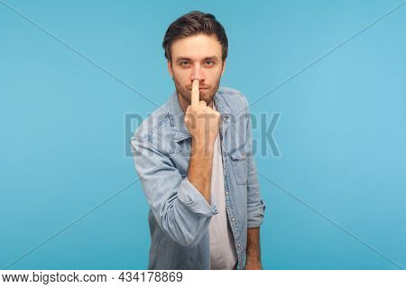 Dont Lie To Me. Portrait Of Man In Worker Denim Shirt Touching Nose, Showing Liar Gesture, Angry Abo