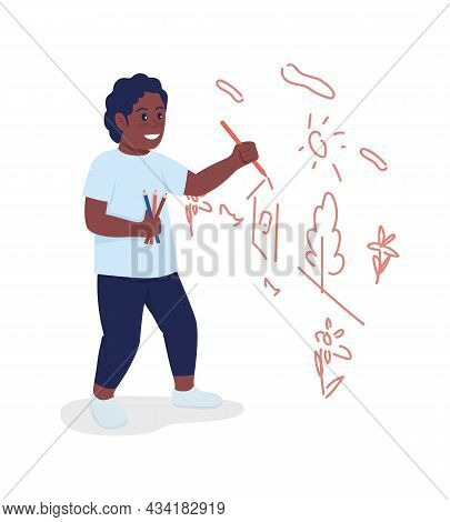 Toddler Drawing On Wall Semi Flat Color Vector Character. Standing Figure. Full Body Person On White