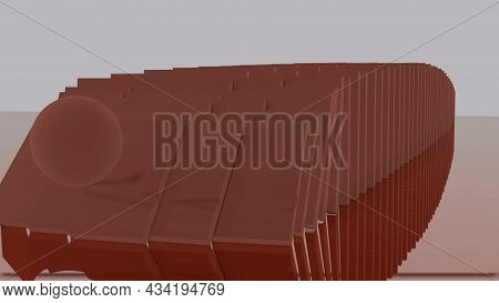 Animation Of Falling Domino. Design. 3d Plates Fall From Impact Of Ball On White Background. Colored