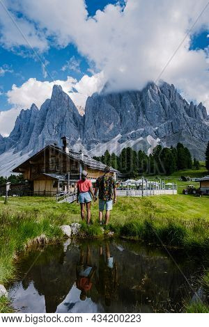 Geisler Alm, Dolomites Italy, Hiking In The Mountains Of Val Di Funes In Italian Dolomites, Nature P