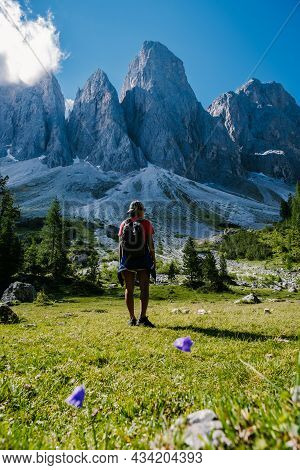 Geisler Alm, Dolomites Italy, Hiking In The Mountains Of Val Di Funes In Italian Dolomites, Nature P