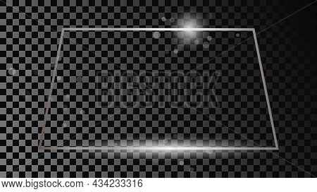Silver Glowing Trapezoid Shape Frame With Sparkles Isolated On Dark Transparent Background. Shiny Fr