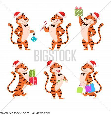 Cartoon Tigers In Santa Hat Set. Holiday Standing Characters For New Year 2022. Smiling Orange Strip