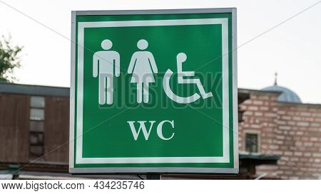 Public Toilet Sign Of Restroom With Wc Sign For Men Women Accessible Disabled Person In City. Sign A