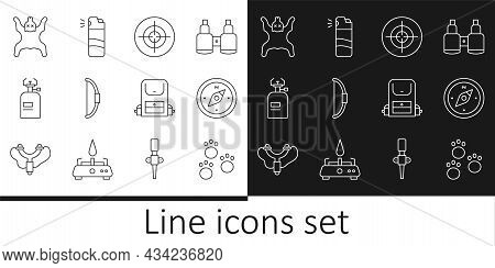 Set Line Paw Print, Compass, Target Sport, Bow, Camping Gas Stove, Bear Skin, Hiking Backpack And Pe