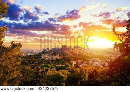 Athens Postcard. Beautiful Sunset View Of Parthenon Temple At The Acropolis Hill. View From Mount Ph