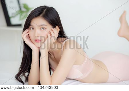 Beautiful Portrait Young Asian Woman Sexy In Underwear Figure Fit Relax With Seductive In Bedroom, A