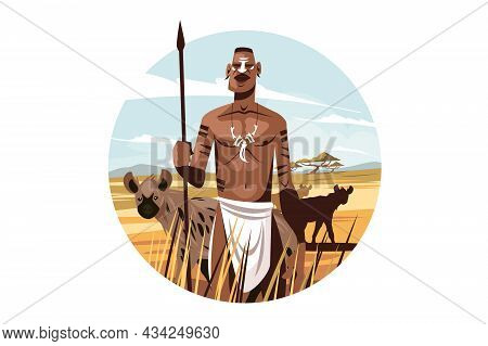 Native Citizen In Wild Nature Vector Illustration. Man With Sharp Spear With Wild Animals On Backgro