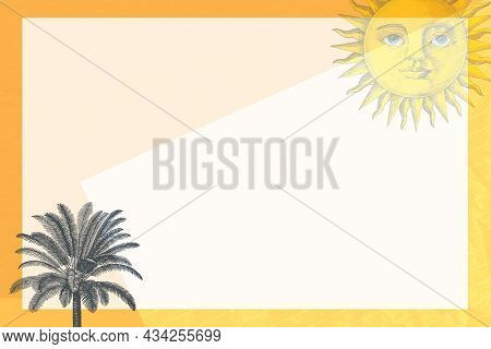 Summer frame with sun and palm tree mixed media, remixed from public domain artworks