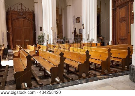 Benissa Spain - March 5, 2020: Benches For Parishioners Inside The Purissima Xiqueta Church Of Benis