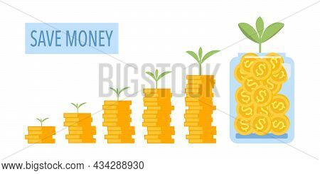Plant Growing On Coin Stack And Glass Jar In Flat Design On White Background. Saving Money Concept V