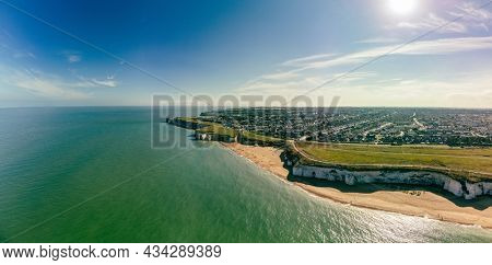Drone aerial view of the beach and white cliffs, Botany Bay, England, UK