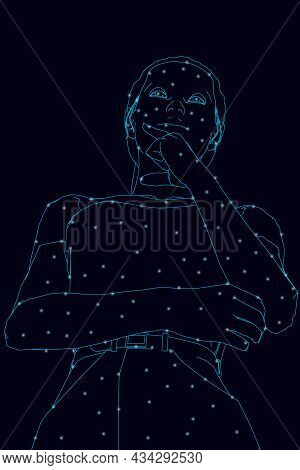 Wireframe Of A Pensive Girl From Blue Lines With Glowing Lights On A Dark Background. Bottom View. 3