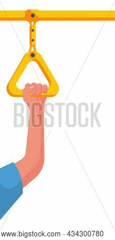 Human Holds On To The Handrail In Public Transport. Hanging Yellow Handle. Ceiling Bracket. Handles 