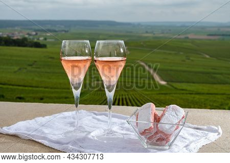 Symbols Of Reims, Rose Brut Champagne Wine And Rose Biscuits And View On Green Pinot Noir Grand Cru