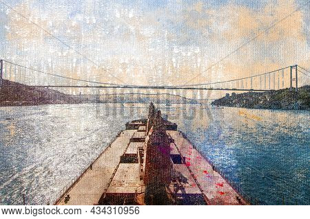 The Deck Of A Bulk Carrier In Front Of The Bridge Over The Bosphorus Strait. View From The Captains 