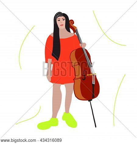 Girl In Red Dress Holds Bass-viol Vector